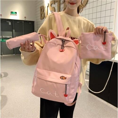 2021 New Fashion Black Vintage Casual Women Cute Cat Ear Backpacks Travel Packbag for Teenager Girls 3Pcs Set School Bags