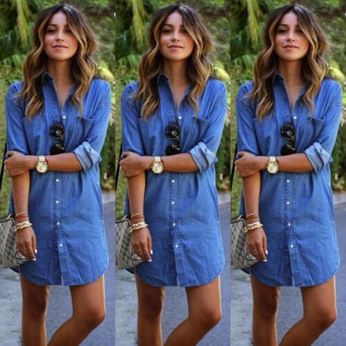 Women Denim Jeans Dress Button Summer Long Sleeve Casual Tops Mini Shirt Dress Bikini Cover Up Beachwear
