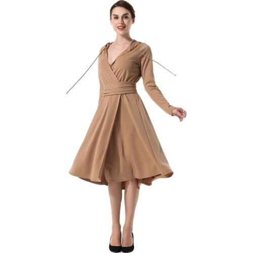 Hongmiao 2021 New Fashion Popular Spring And Autumn Womens Slim V-Neck Long Sleeve Casual Hooded Dress Q