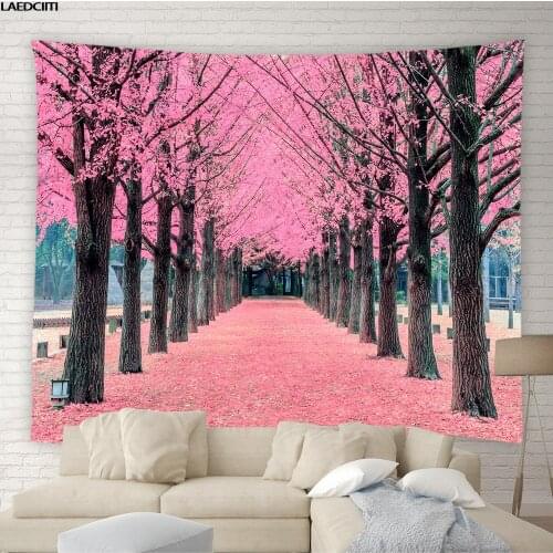 Pink Cherry Blossom Flowers Landscape Tapestry Forest Green Plants Garden Natural Scenery Aesthetics Wall Hanging Bedroom Decor