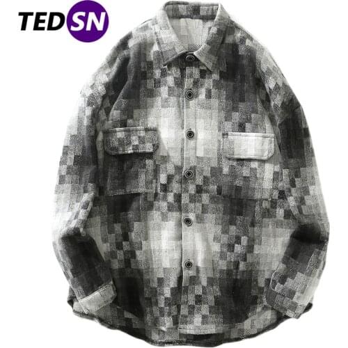 Plaid Mosaic Long Sleeve Shirts Men Hip Hop Streetwear Snap Button Shirt Autumn Cotton Loose Tops Harajuku Casual Knitted Shirt