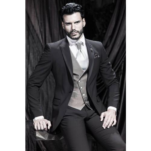 New Arrival Groom Tuxedo Black Groomsmen Peak Lapel Wedding/Dinner Suits Best Man Bridegroom (Jacket+Pants+Tie+Vest)B335