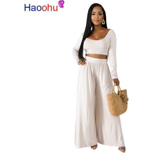 HAOOHU Two Piece Set Tracksuit Women Festival Clothing Long Sleeve Crop Top and Wide Leg Pants Set Women Casual Matching Set