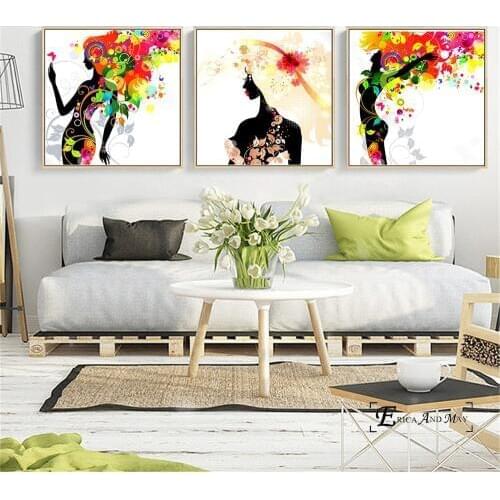 Triptych Abstract Flower Girl Vintage Poster Prints Oil Painting On Canvas Wall Art Murals Pictures For Living Room Decoration