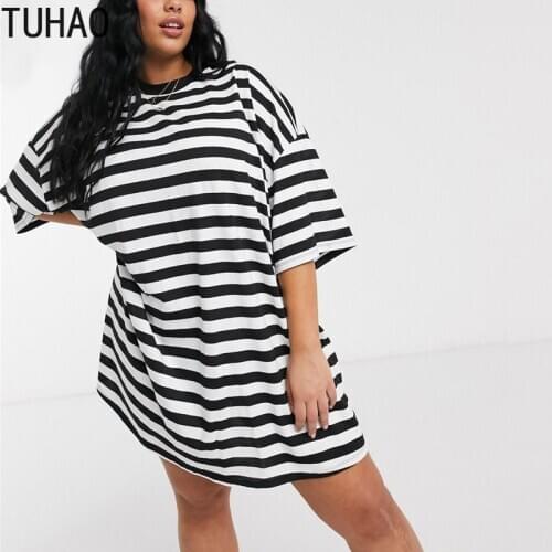 TUHAO Plus Size 8XL 7XL 6XL 5XL 4XL 3XL Spring and Summer Women Mid-length Dress Casual Black White Striped Dresses Clothes WM40