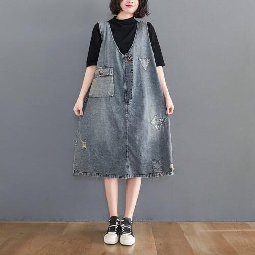 #2452 Vintage Denim Dresses Women Sleeveless Jeans Dress Women V Neck Loose Retro Midi Dress Ladies With Pockets Spring Autumn