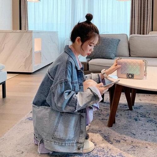 Spring Autumn 2021 New Splicing Color Contrast Denim Jacket Womens Loose Korean Jeans Jacket Women Long Sleeve Pocket Overcoat