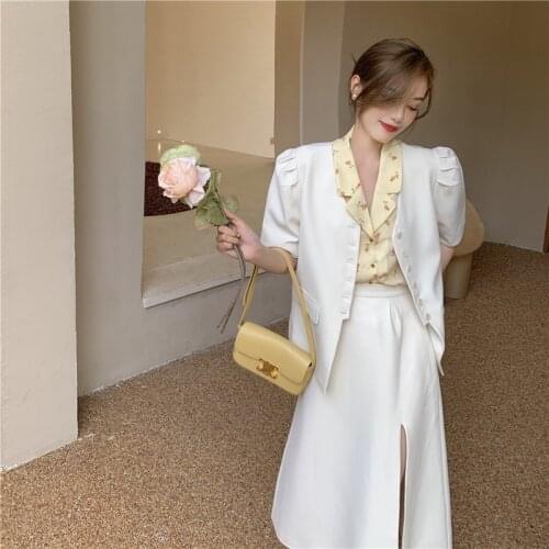 Elegant Women Puff Short Sleeve Blazer Jacket +Split Midi Skirt Outfits 2021 Summer Korean Casual Office Lady Business Clothes