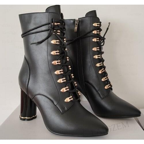 DOHBANER Women Ankle Boots Side Zip Pointed Toe Chunky Heels Short Booties Party Daily Ladies Shoes Woman Big Size 33 41 43