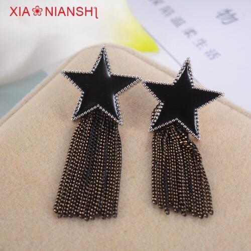 Vintage Enamel Black Earrings Fashion Five-pointed Star With Copper Wire Tassels Long Earrings Star Brincos Jewelry For Women
