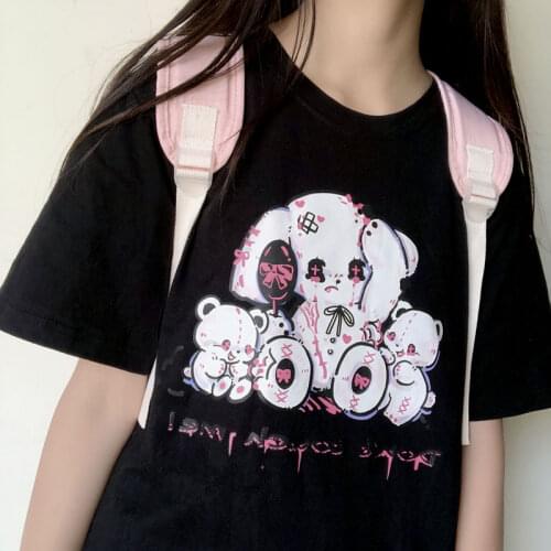 Short Sleeve Women T-Shirts Vintage Harajuku Anime Print Loose Black Punk Dropshipping Top Tee Gothic Korean Style Y2K Clothes