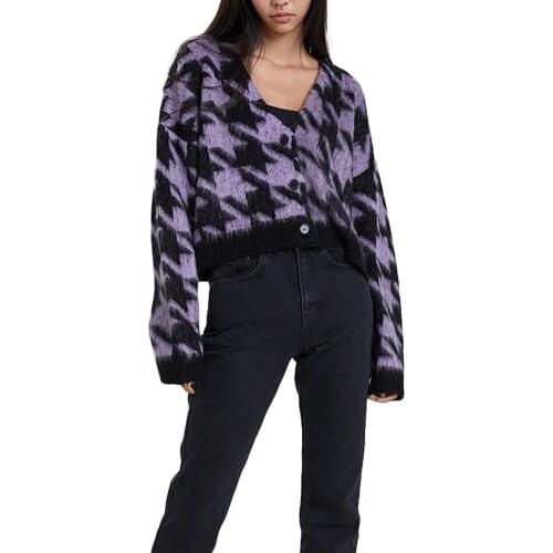 2021 New Women Color Block Sweater Adults Button-down Houndstooth Pattern Long Sleeve V-neck Knit Cardigan