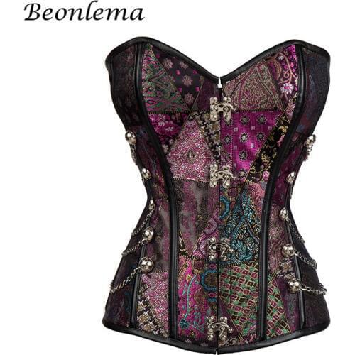 Beonlema Sexy Women Vintage Punk Goth Corset Mujer Steampunk Overbust Korse Purple Retro Bustiers Plus Size S-5XL Gorset