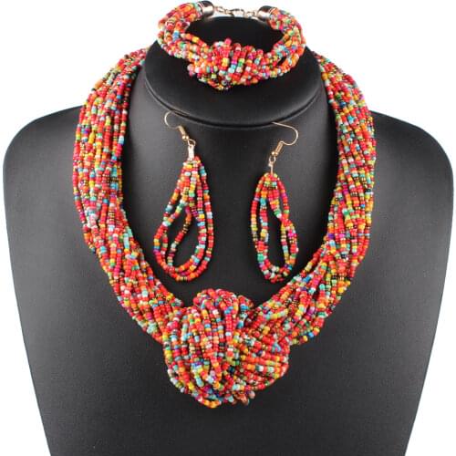Claire Jin Small Beads Handmade Knot Necklace Bracelet Earrings Women Jewelry Set Bohemian Choker Ethnic Vintage Accessories