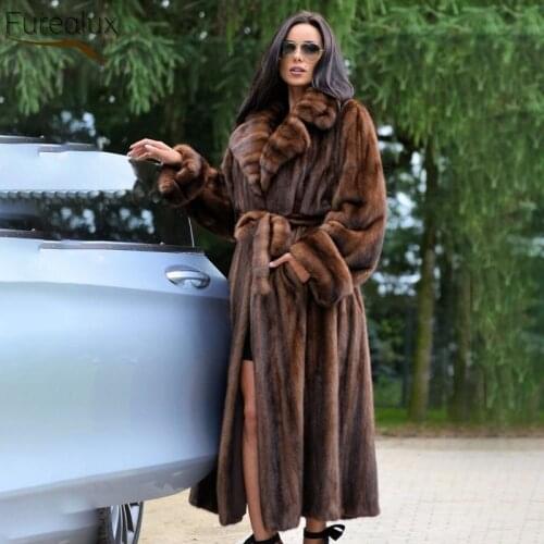 FUREALUX Real Fur Coat Long Mink Fur Womens Winter Natural Fur With Belt Thickening Warm Fashionable Temperament Jacket