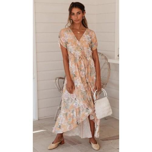 Boho women ethnic floral print tie botton beach Bohemian dress Ladies short sleeve maxi dress vestidos