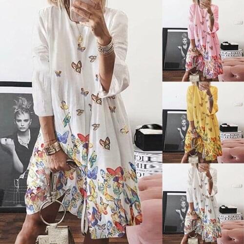 New 2021 Autumn Dresses Women Long Sleeve Butterfly Print Dress 2XL Large Size Vintage A-Line Casual Loose Plus Size Dress 2XL
