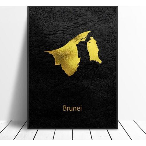 Golden Map Art Brunei Canvas Painting Wall Art Pictures Prints Home Decor Wall Poster Decoration For Living Room