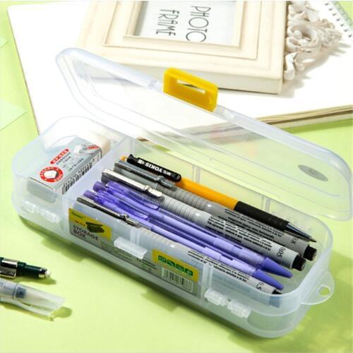 1 pcs Transparent Pencil Case Double Layer Plastic Pencil Pens Large Capacity Storage Box Stationery School Office Supplies