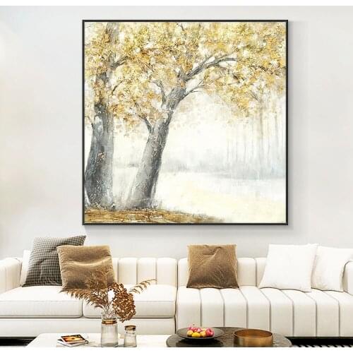 100% Handmade Modern Canvas Art Oil Painting Knife Tree With Yellow Leaves Painting Wall Art Picture For Home Living Room Decor
