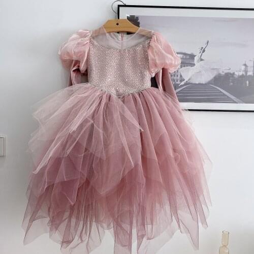 2021 Princess Long Sleeves Kids Girls Dresses for Birthday Party Lolita Chiffon Tulle Tutu Dresses for Children Vintage Clothes