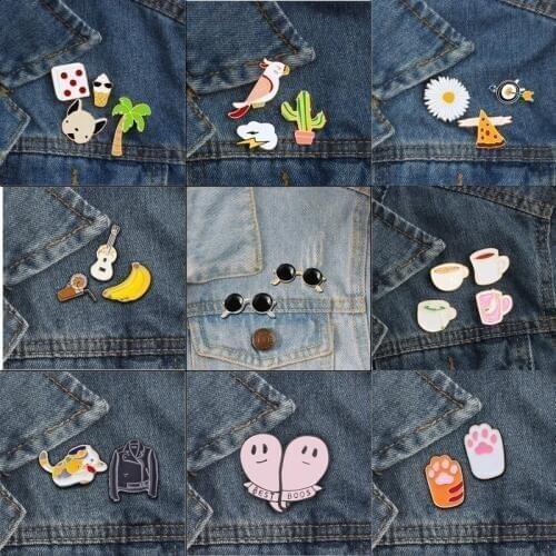 Cartoon Brooch Enamel Pins Animal Bird Cat Plant Flower Claw Cup Sunglasses Jackets kids Shirt Fashion Jewelry gift Collection