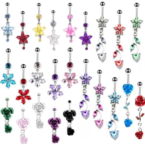 Stainless Steel Rose Flower Belly Button Ring Dangle 14G Floral Navel Piercing Ring Cute Lotus Flower Belly Ring Pircing Ombligo