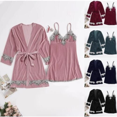 2 Piece Set Sexy Gold Velvet Lace Suspender Nightgown Women Sleeveless V-neck Sling+Three-Quarter Sleeve Lacing-Up Pajamas Robes