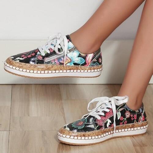 Women Sneaker Summer Floral Printed Sneakers Big size 43 Flat Sneaker Sewing Zipper PU Casual Shoes for Ladies 2021 Fashion