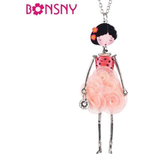 Bonsny French Paris Doll Necklace Dress Flower Long Chain Alloy Doll Pendant Fashion Jewelry For Women 2017 News Accessories