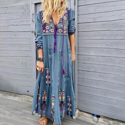 Bohemian Beach Maxi Dresses Drawstring V-neck Long Sleeve Floral Embroidery Long Dress Casual Loose Elegant Retro Dress Vestidos