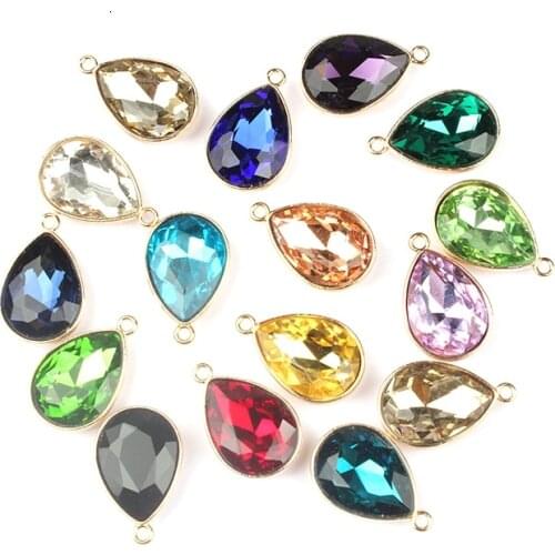 2017 Gold Alloy Colorful Crystal Water Drop Charms 12pcs/lot 23*15MM DIY Necklace Earrings Bracelet Accessories