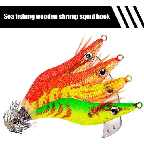 Squid Bait Wood Shrimp Jig Hook Fishing Octopus Cuttlefish Artificial Lure Spinnerbait Wood Shrimp Lifelike Fishing Tackle