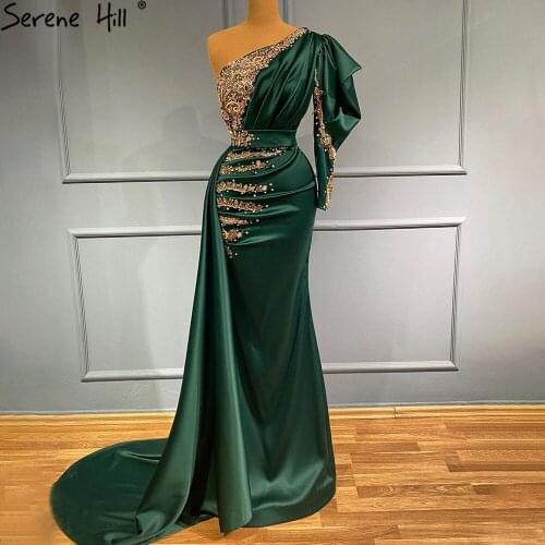 Serene Hill Green Luxury Beaded Satin Mermaid Evening Gown 2021 Sexy One Shoulder For Women Formal Party Dress CLA71341