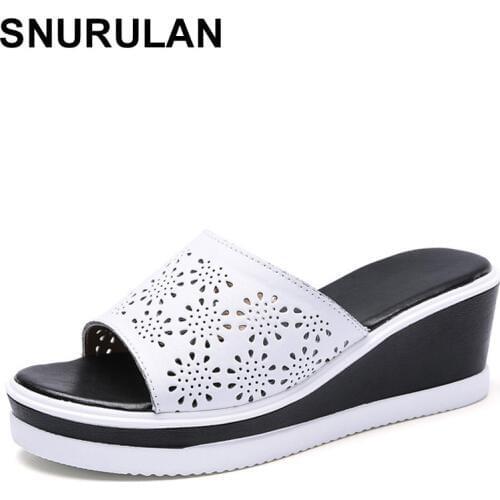 SNURULANleather shoes for women Slip on Beach sandals slippers ladies cork wedge sandals female platform shoes woman summerE097