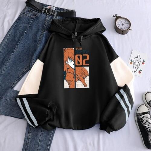 Harajuku Anime Evangelion Asuka Langley Soryu Patchwork Hoodies Kawaii Cartoon Costumes Girls Korean Fashion Sweet Sweatshirts