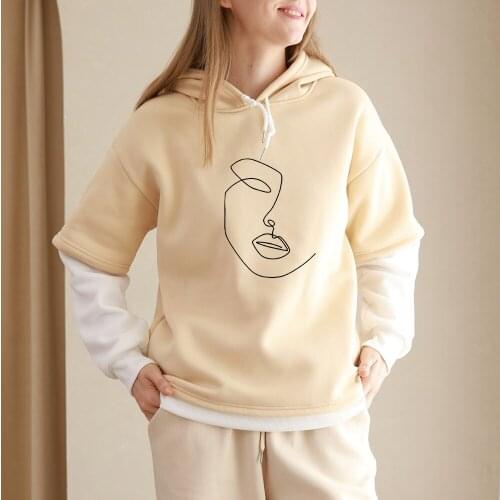 Patchwork Hoodies Korea Print Preppy Style Hoodie for Women Fake Two Piece Sweatshirt Long Sleeve Warm Aesthetic Pullover Sports