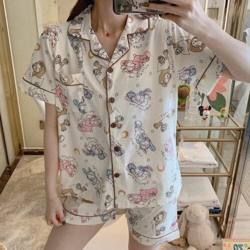 Thin Cartoon Printed Short Sleeve Sleepwear Women Pajamas Set Spring Summer New Cute Casual Homewear Female Cotton Pyjamas