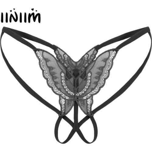 Women Erotic Sexy Panties Sequined Lace Butterfly T-back Summer Crotchless G-string Lingerie Underwear Low Waist Open Butt Thong