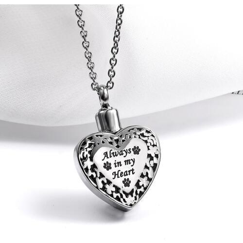 Always in my Heart urn ashes Heart-Shaped Pendant Paw Print Engrave Pet Cremation Ash Urn Stainless Steel essential oil necklace