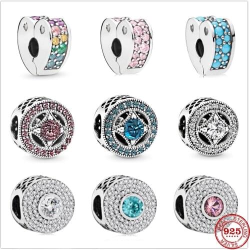 New 100%925 Sterling Silver Colorful Heart Clip Shining Round Charm Fit Original Pandora Bracelet Fashion DIY Jewelry for Women