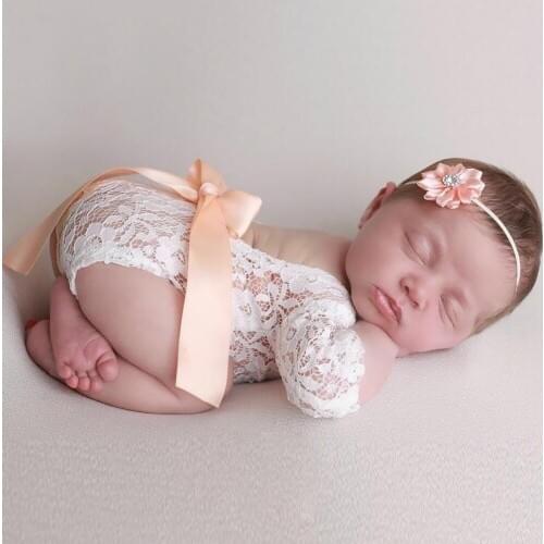 2pcs Newborn Photography Props Baby Girls Lace Rompers Headband Photo Shoot Princess Kids Clothes Jumpsuit Clothes Onesies