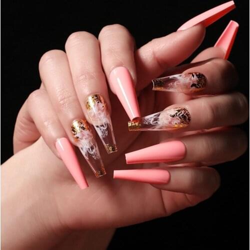 24pcs/set Long Coffin Fake Nails Pre-design Foils Decal Pink Orange Full Cover Nail Art Tips with Glue Ballerina Acrylic Nails