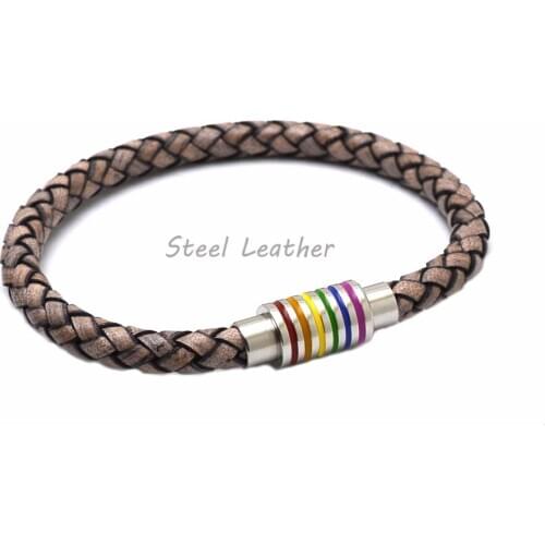 5pcs/lot Braided Genuine Leather Bracelet Men Women Gay Pride Rainbow Stainless Steel Magnetic Charms Bracelet Gift Jewelry Sale