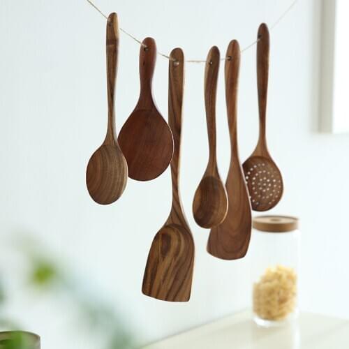 Teakwood Spoon Set Eco-Friendly Natural No Paint Long Hand Wooden Turner Rice Spoon Soup Ladle Kitchen Tool Wood Tableware