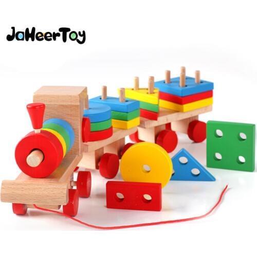 JaheerToy Baby Educational Wooden Toys for Children Train Pulling Toy Geometry Shape Montessori Teaching Aids Gifts