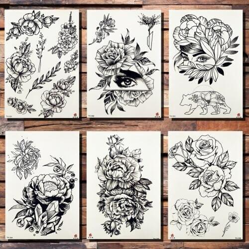 FANRUI Geometric Flower Rose Eye Leaves Temporary Tattoo Sticker Diamond Triangle Peony Black Tattoos Body Art Arm Fake Tatoo