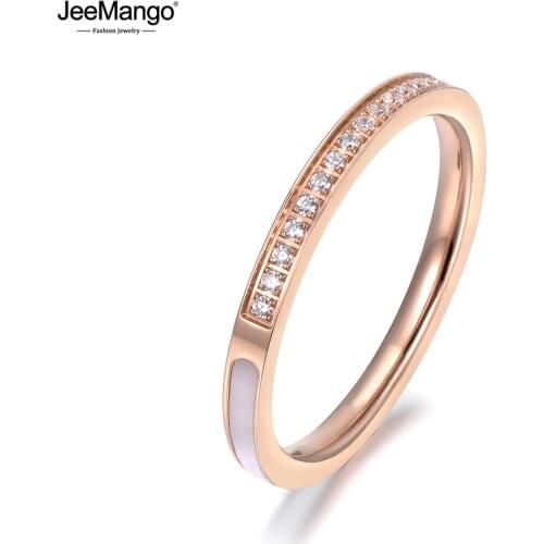 JeeMango Stainless Steel Delicate Rings 1/4 Pave Setting Rhinestones & 3/4 Shell Surround Rose Gold Color Ring Best Gift JR18134