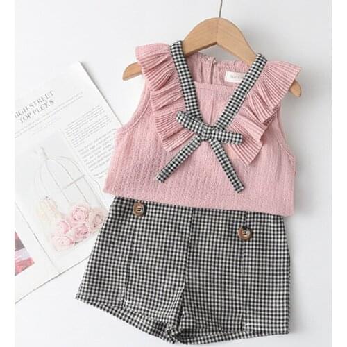 Girls Casual Clothing Sets 2021 New Summer Children Bowtie Vest and Short Plaid Pants Outfits 2Pcs Girl Baby Set Kids Suit 2-6Y