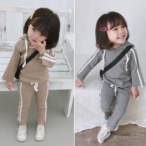 Two-pieces Sets for Baby Cotton Clothing 2018 New Autumn Girls' Pit Solid Shirt with Hooded +white Side Bowe Tie Pants for Kids